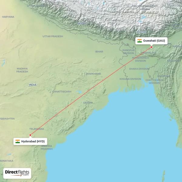 Hyderabad - Guwahati direct flight map