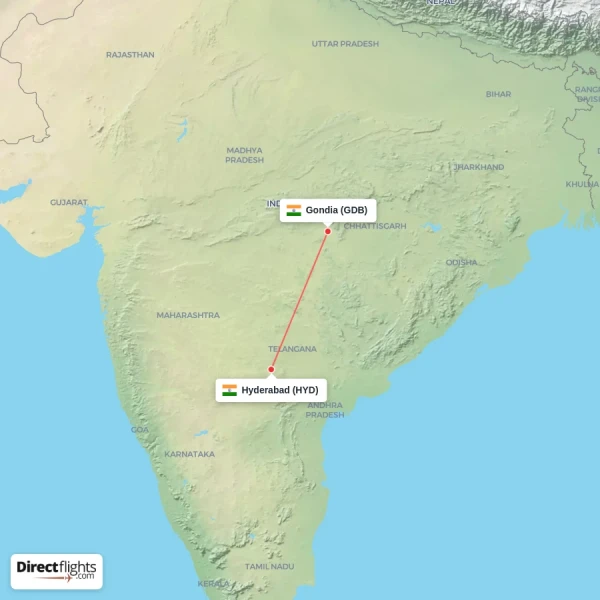 Hyderabad - Gondia direct flight map