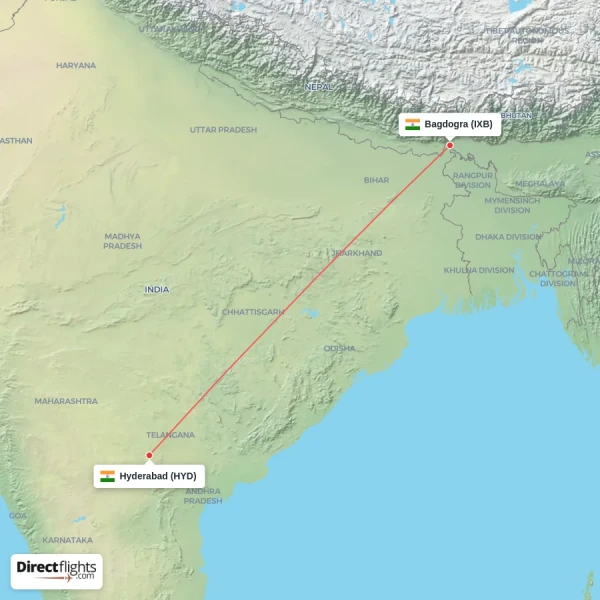Hyderabad - Bagdogra direct flight map