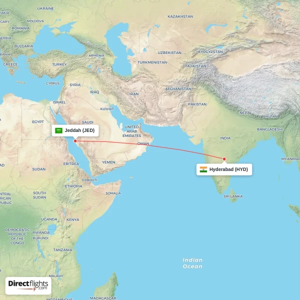Hyderabad - Jeddah direct flight map