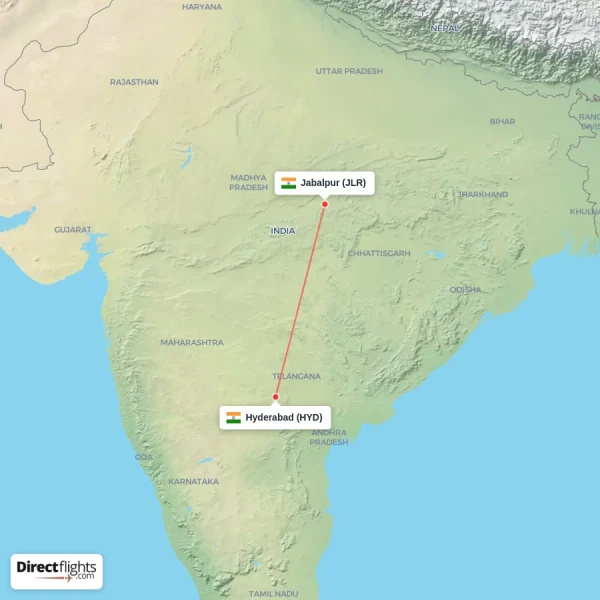 Hyderabad - Jabalpur direct flight map