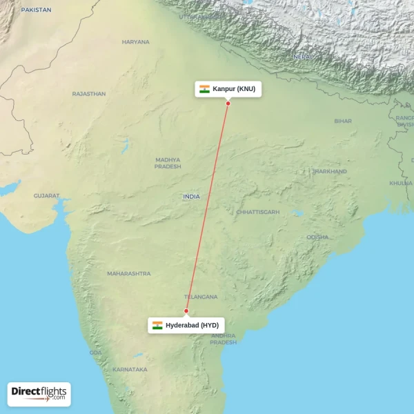 Hyderabad - Kanpur direct flight map