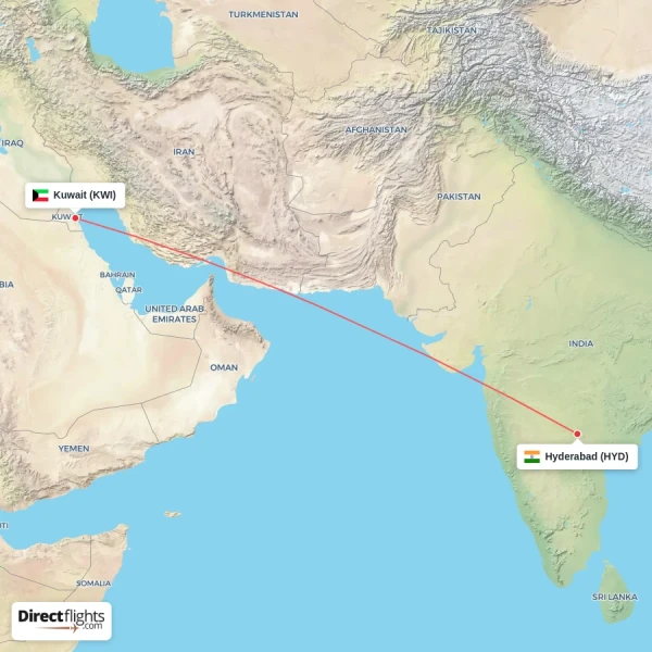 Hyderabad - Kuwait direct flight map