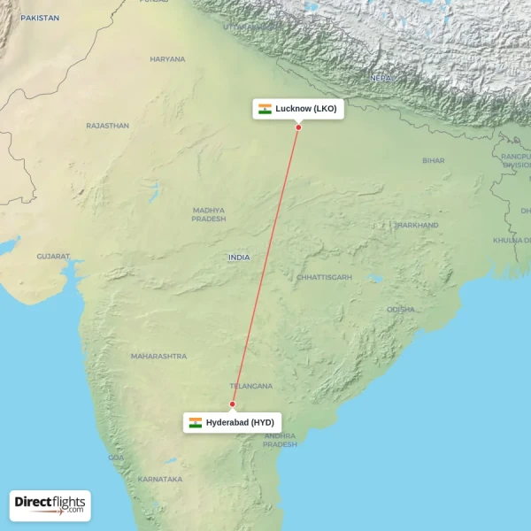 Hyderabad - Lucknow direct flight map