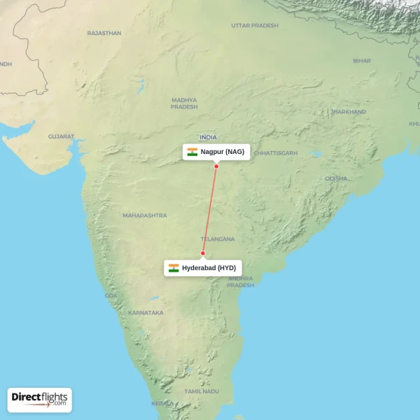 Hyderabad - Nagpur direct flight map