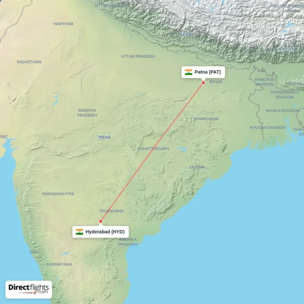 Hyderabad - Patna direct flight map