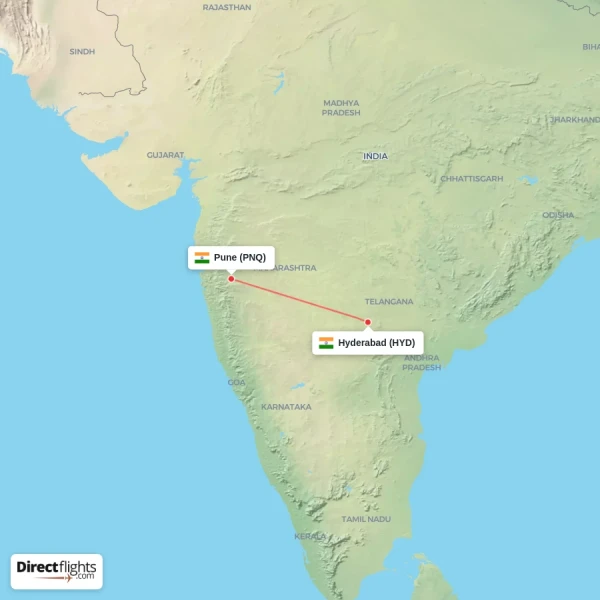 Hyderabad - Pune direct flight map