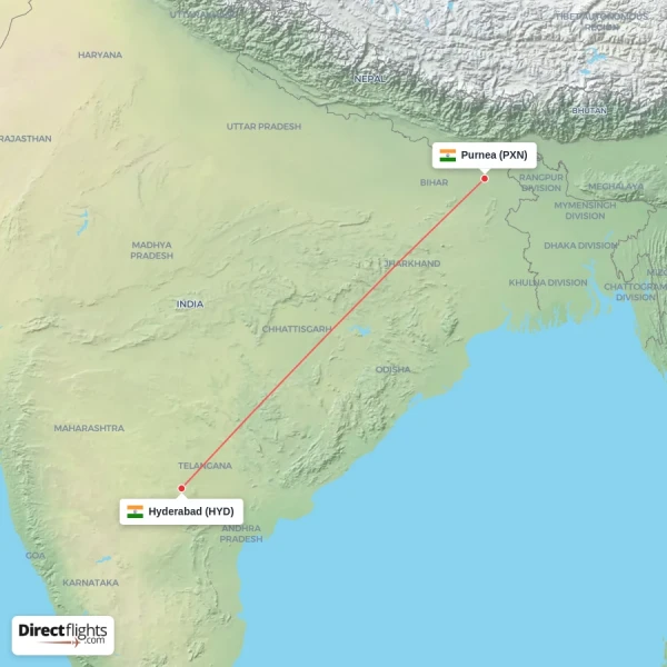 Hyderabad - Purnea direct flight map