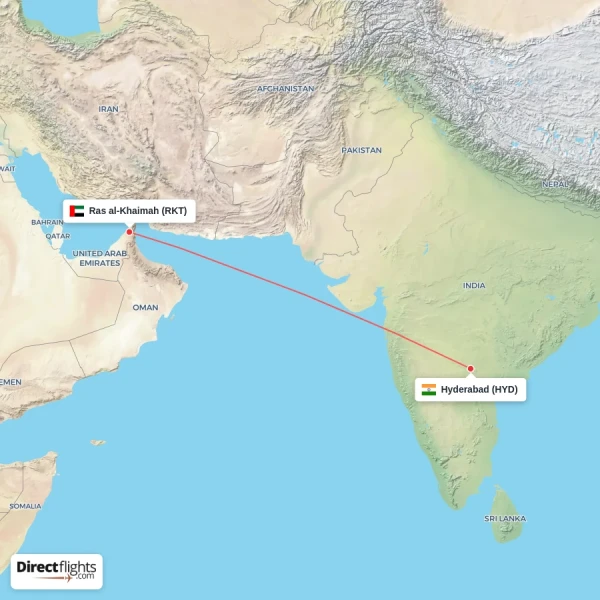 Hyderabad - Ras al-Khaimah direct flight map