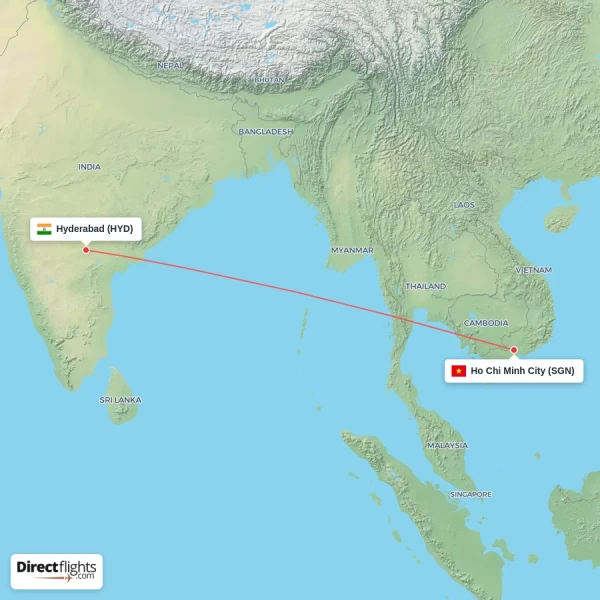 Hyderabad - Ho Chi Minh City direct flight map