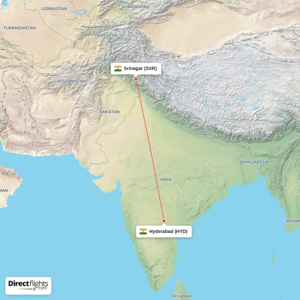 Hyderabad - Srinagar direct flight map
