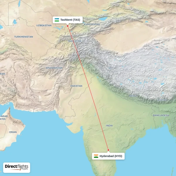 Hyderabad - Tashkent direct flight map