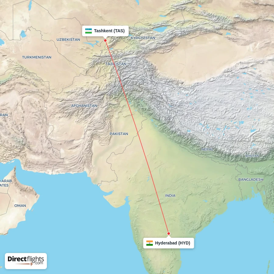 HYD - TAS route map