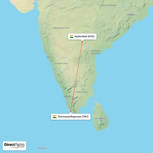 Hyderabad - Thiruvananthapuram direct flight map