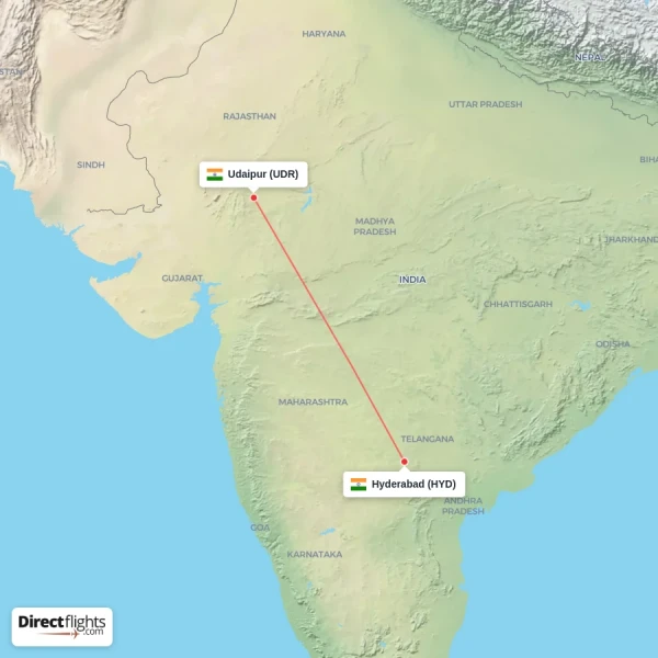 Hyderabad - Udaipur direct flight map