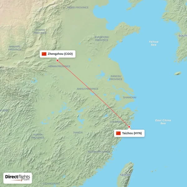 Taizhou - Zhengzhou direct flight map