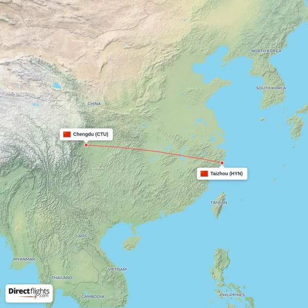 Taizhou - Chengdu direct flight map