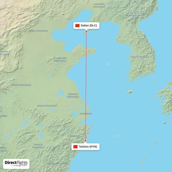 Taizhou - Dalian direct flight map