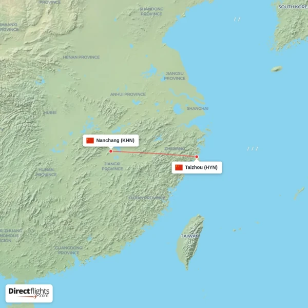 Taizhou - Nanchang direct flight map