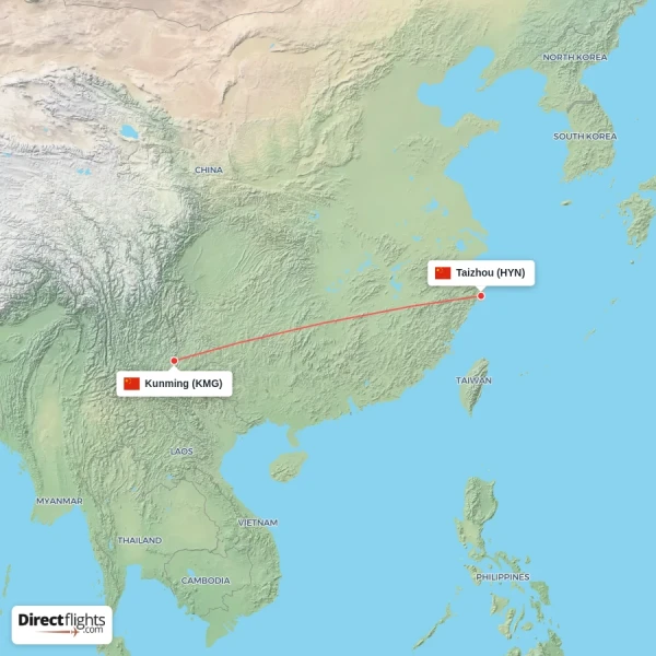 Taizhou - Kunming direct flight map