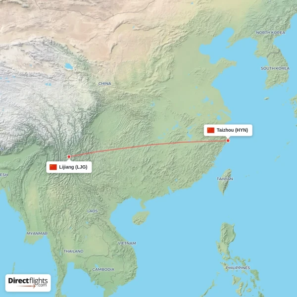 Taizhou - Lijiang direct flight map