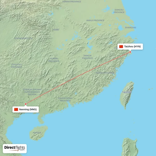 Taizhou - Nanning direct flight map