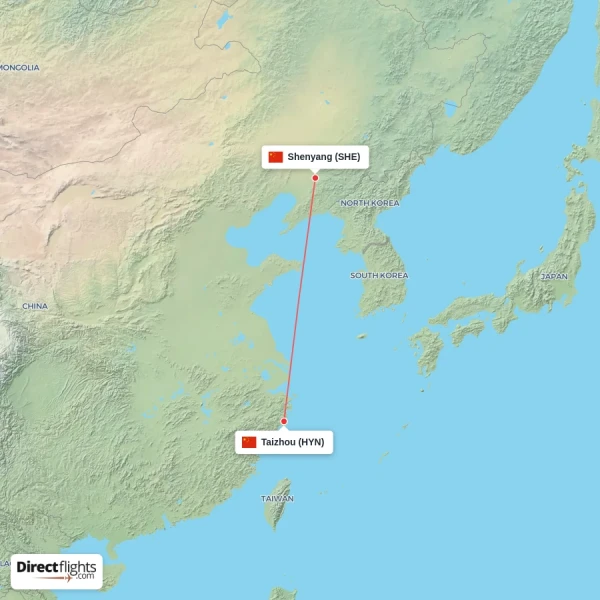 Taizhou - Shenyang direct flight map
