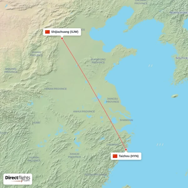 Taizhou - Shijiazhuang direct flight map