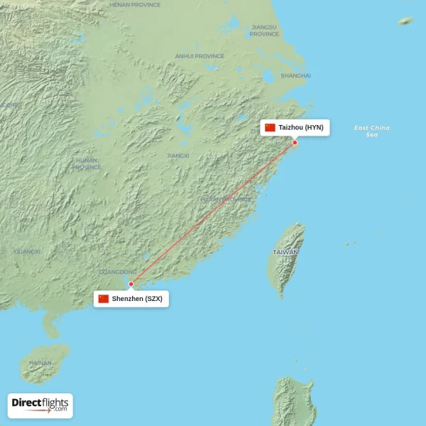 Taizhou - Shenzhen direct flight map
