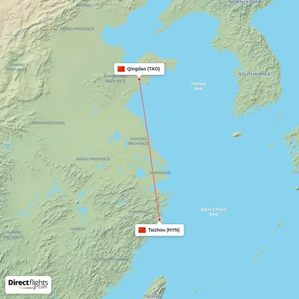 Taizhou - Qingdao direct flight map