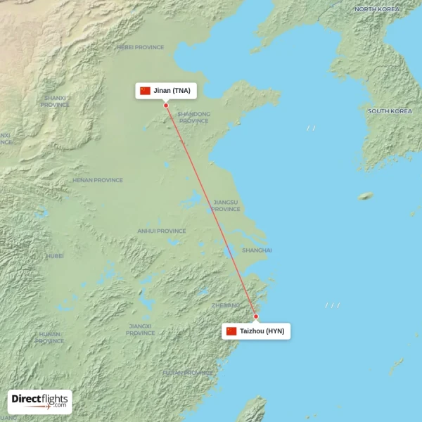 Taizhou - Jinan direct flight map