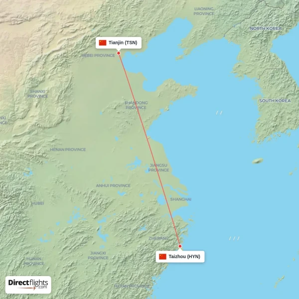 Taizhou - Tianjin direct flight map