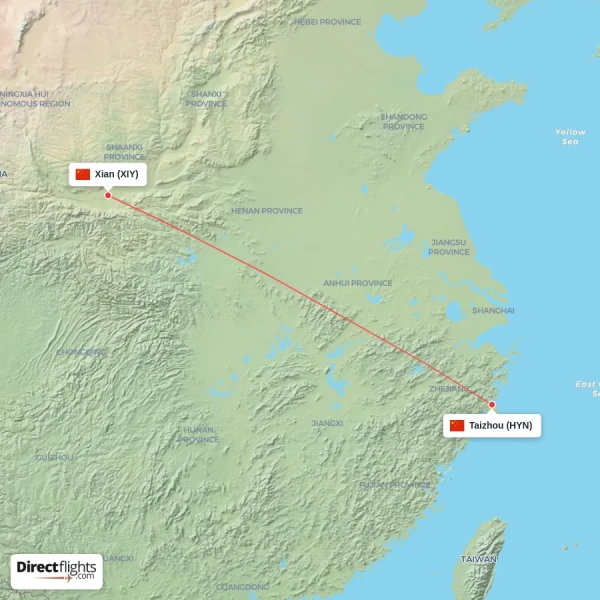 Taizhou - Xian direct flight map