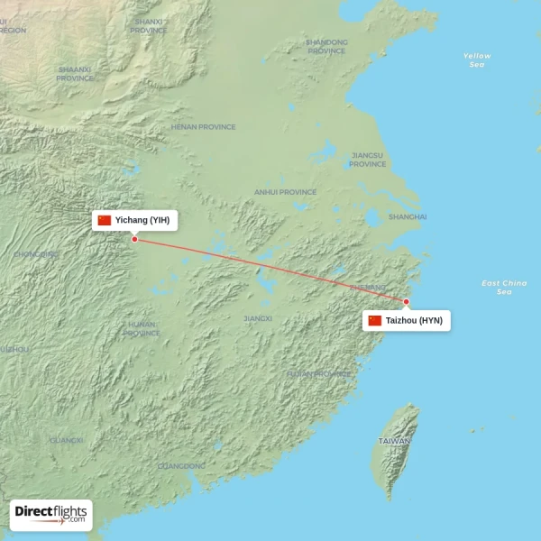Taizhou - Yichang direct flight map