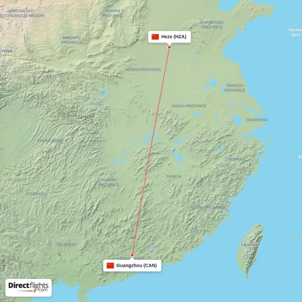 Heze - Guangzhou direct flight map
