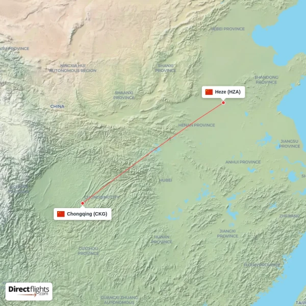 Heze - Chongqing direct flight map