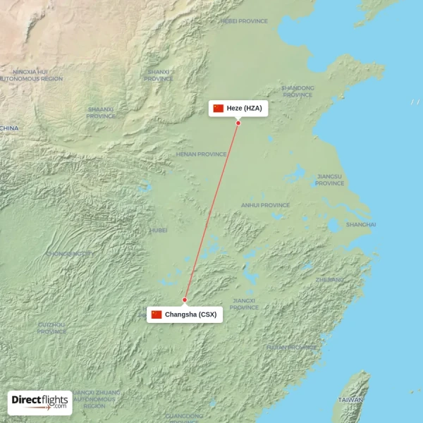 Heze - Changsha direct flight map