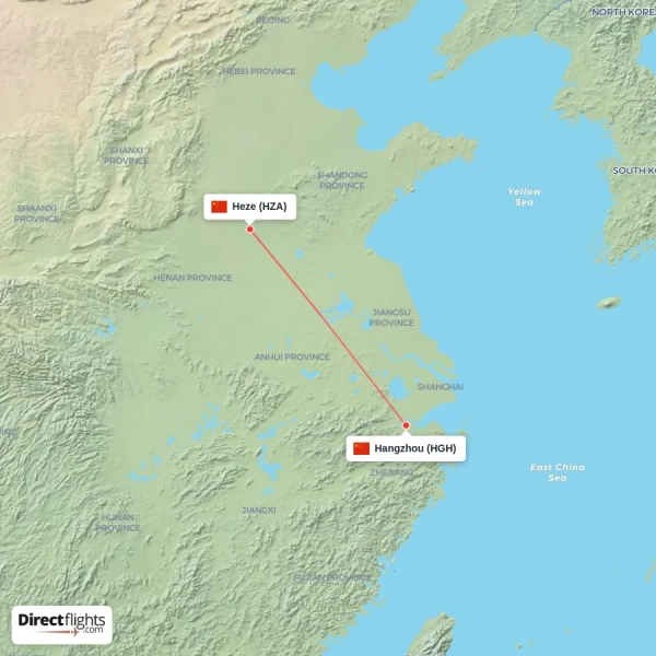 Heze - Hangzhou direct flight map
