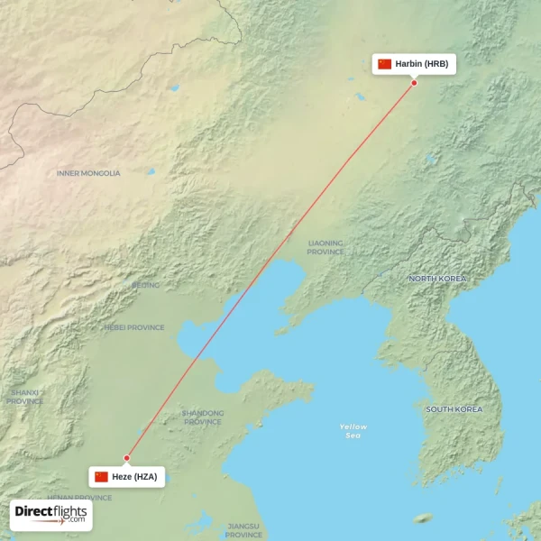 Heze - Harbin direct flight map