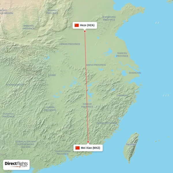 Heze - Mei Xian direct flight map