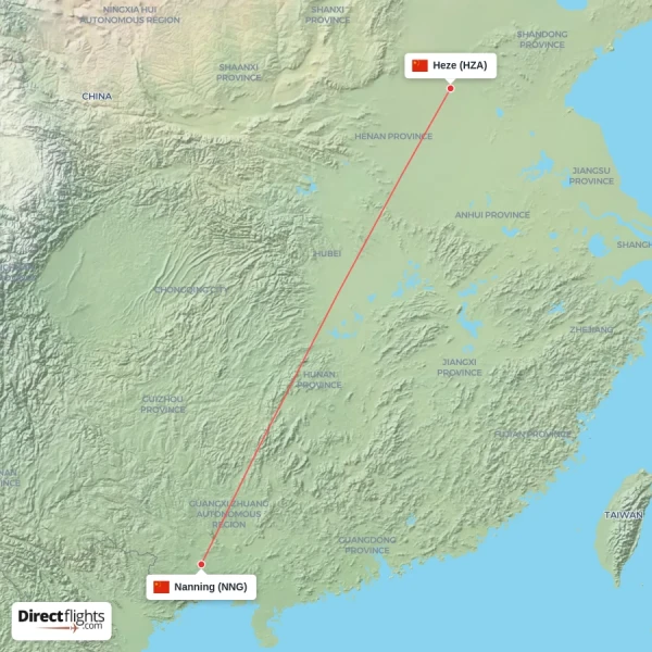 Heze - Nanning direct flight map