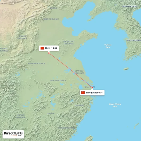 Heze - Shanghai direct flight map