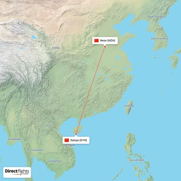 Heze - Sanya direct flight map
