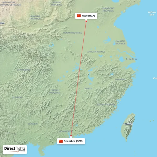 Heze - Shenzhen direct flight map