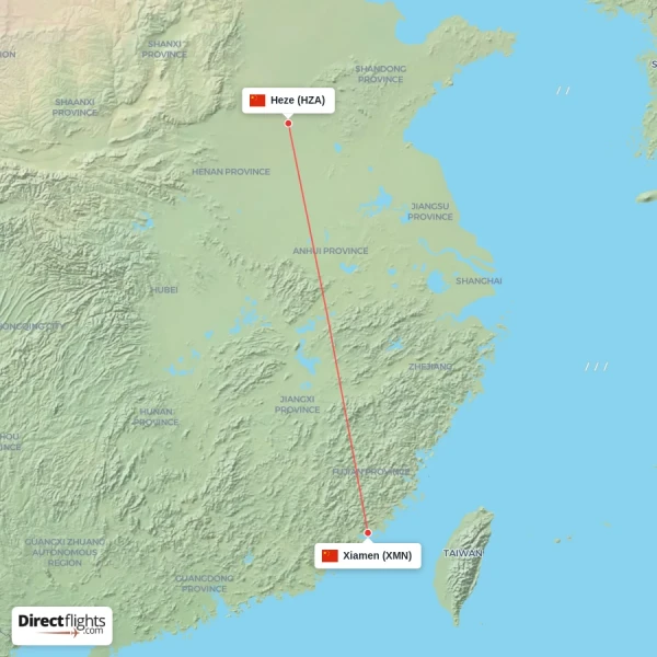 Heze - Xiamen direct flight map