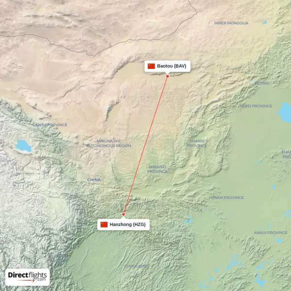 Hanzhong - Baotou direct flight map