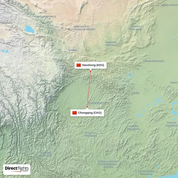 Hanzhong - Chongqing direct flight map