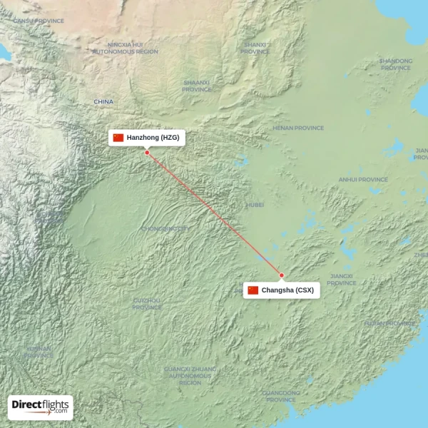 Hanzhong - Changsha direct flight map