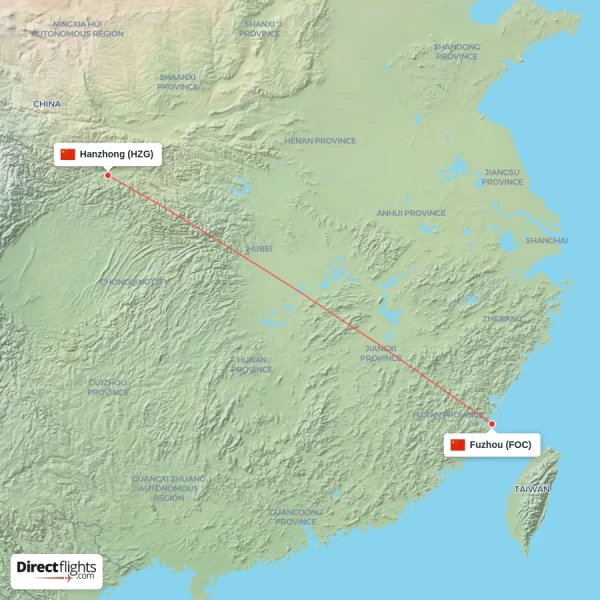 Hanzhong - Fuzhou direct flight map