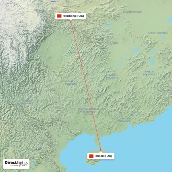 Hanzhong - Haikou direct flight map